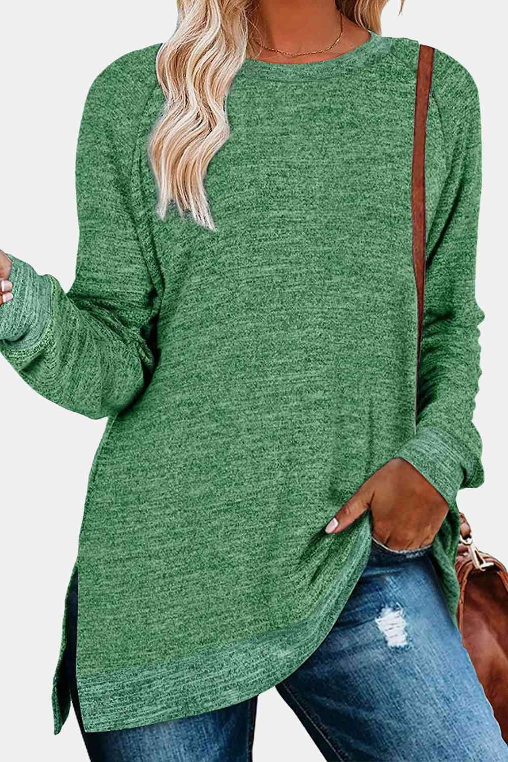 Round Neck Long Sleeve Slit T-Shirt Mid Green Women's T-Shirts - Tophatter Daily Deals