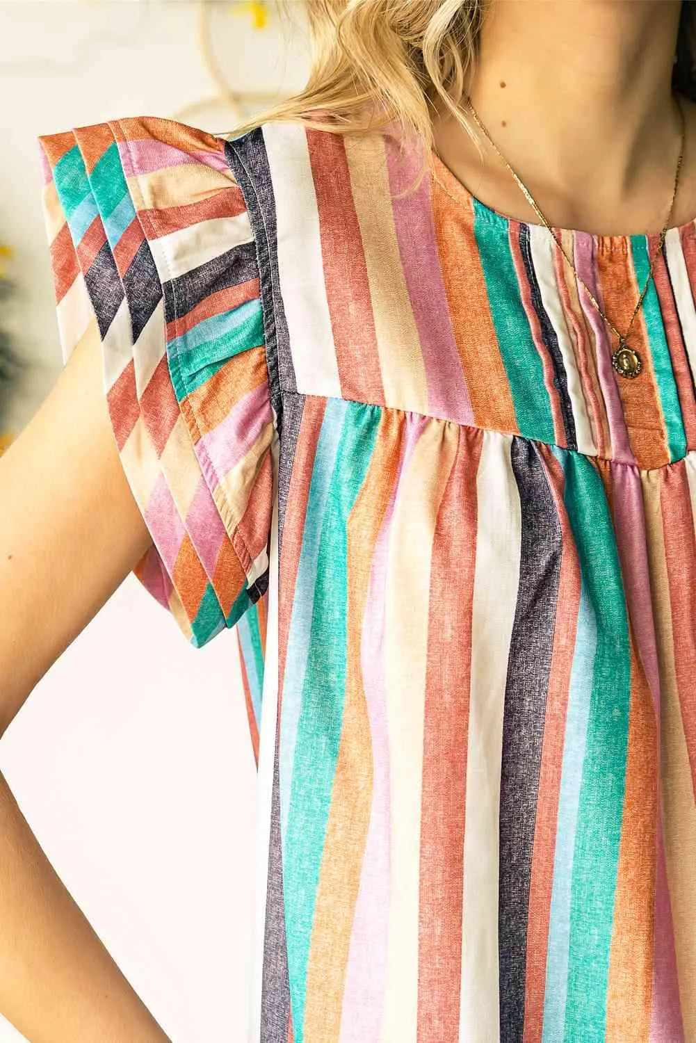 Multicolored Stripe Flutter Sleeve Blouse Blouses - Tophatter Daily Deals