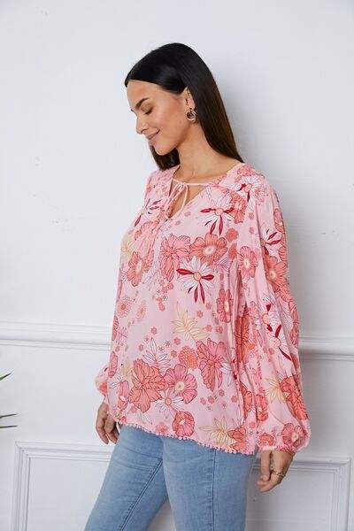 Floral Smocked Tassel Tie Balloon Sleeve Blouse Blouses - Tophatter Daily Deals