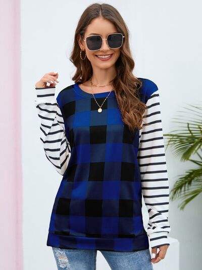 Plaid Striped Round Neck Long Sleeve T-Shirt Women's T-Shirts - Tophatter Daily Deals