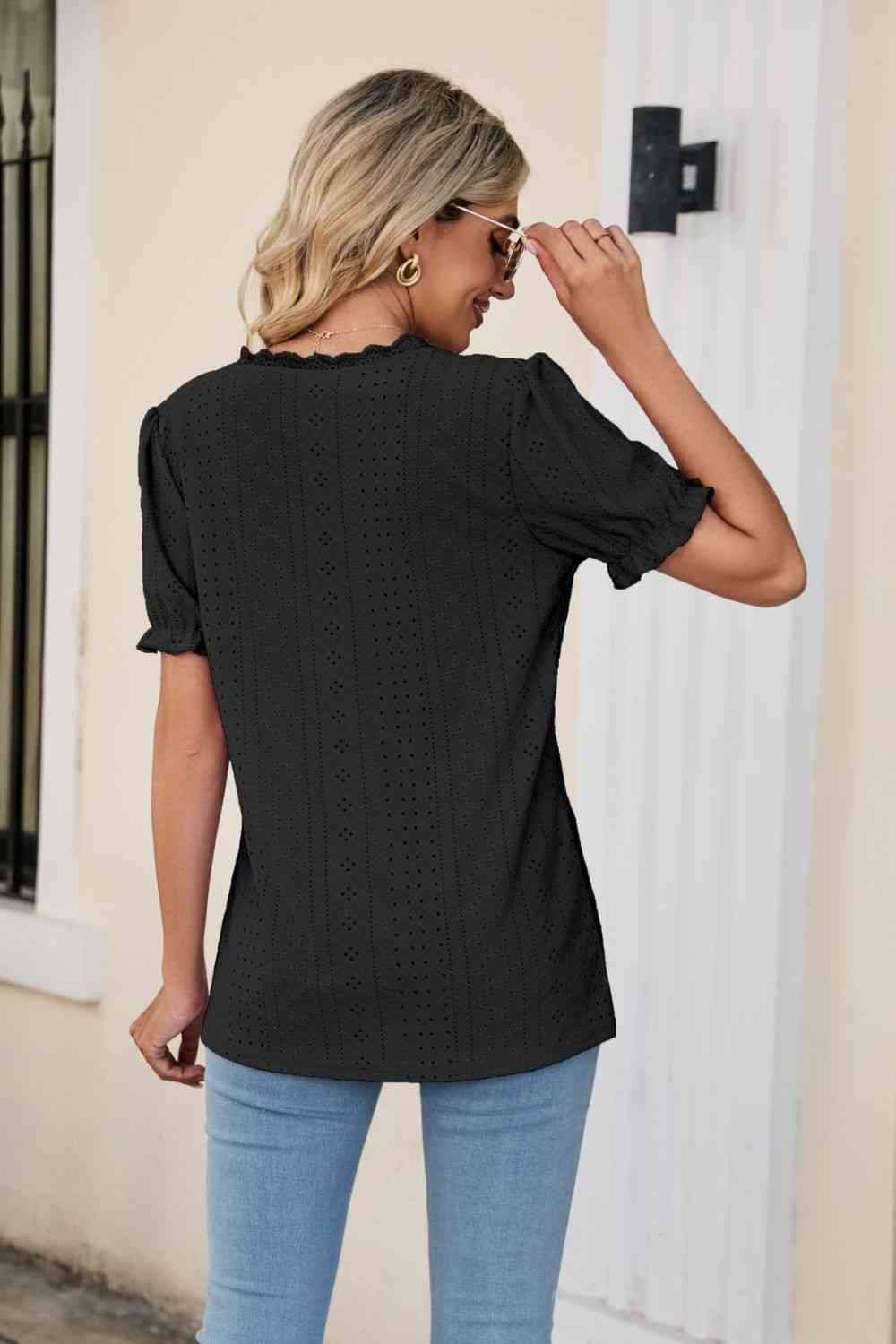 Eyelet Flounce Sleeve Scalloped V-Neck Top Blouses - Tophatter Daily Deals