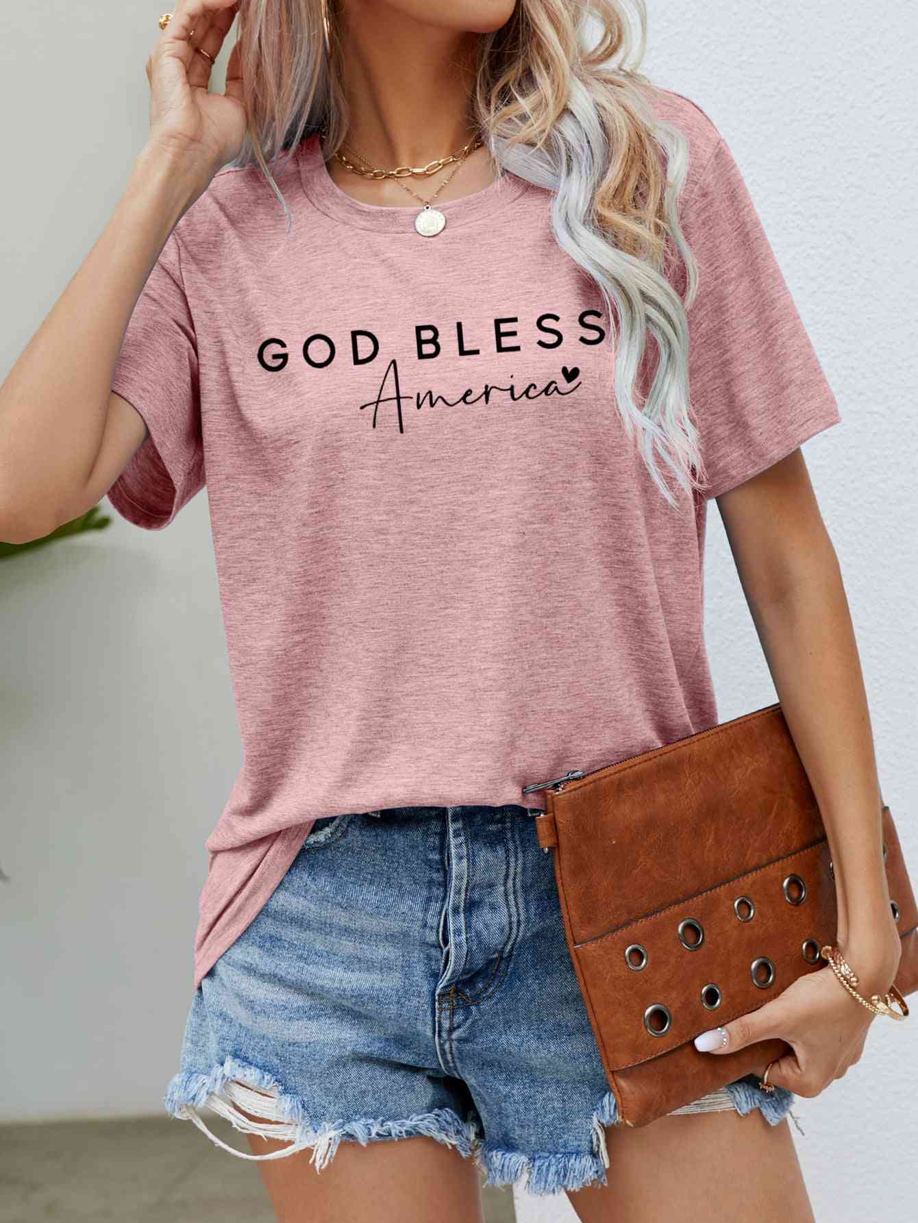 GOD BLESS AMERICA Graphic Short Sleeve Tee Blush Pink Women's T-Shirts - Tophatter Daily Deals