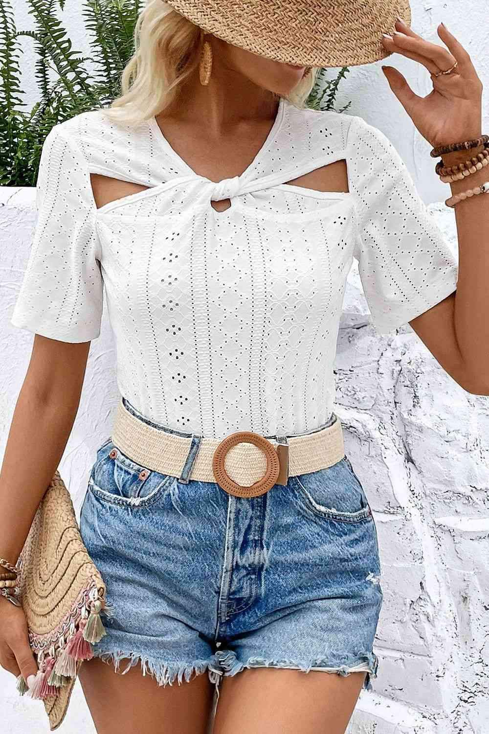 Twisted Front Short Sleeve Eyelet Blouse Blouses - Tophatter Daily Deals