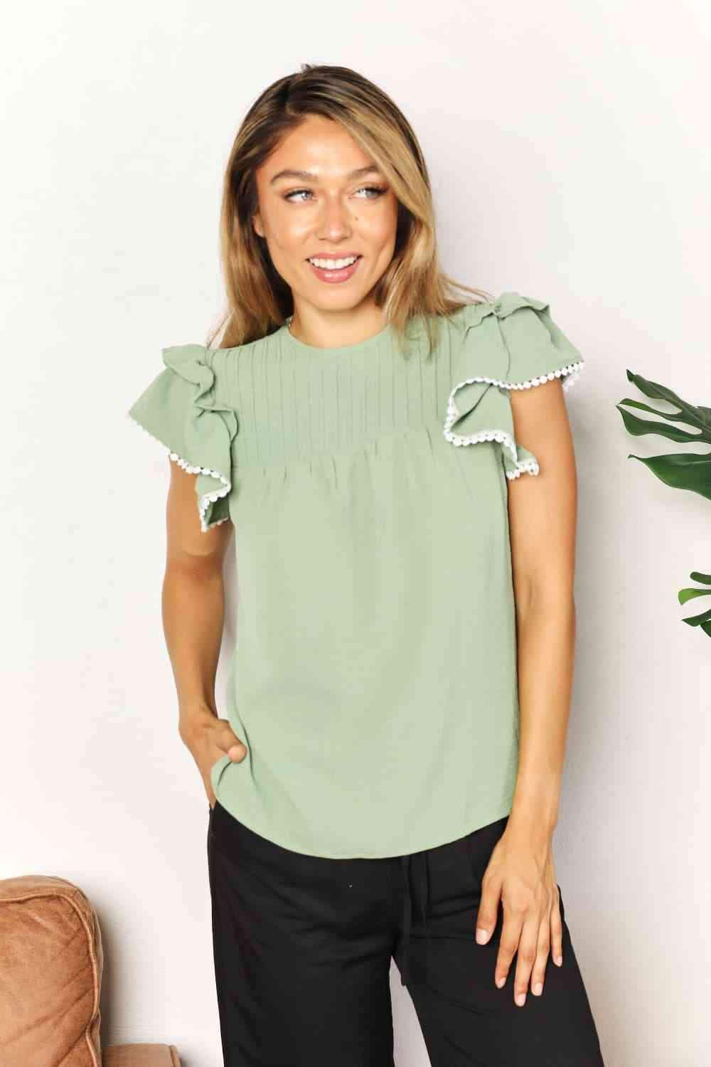 Double Take Pleated Detail Flutter Sleeve Blouse Gum Leaf Blouses - Tophatter Daily Deals