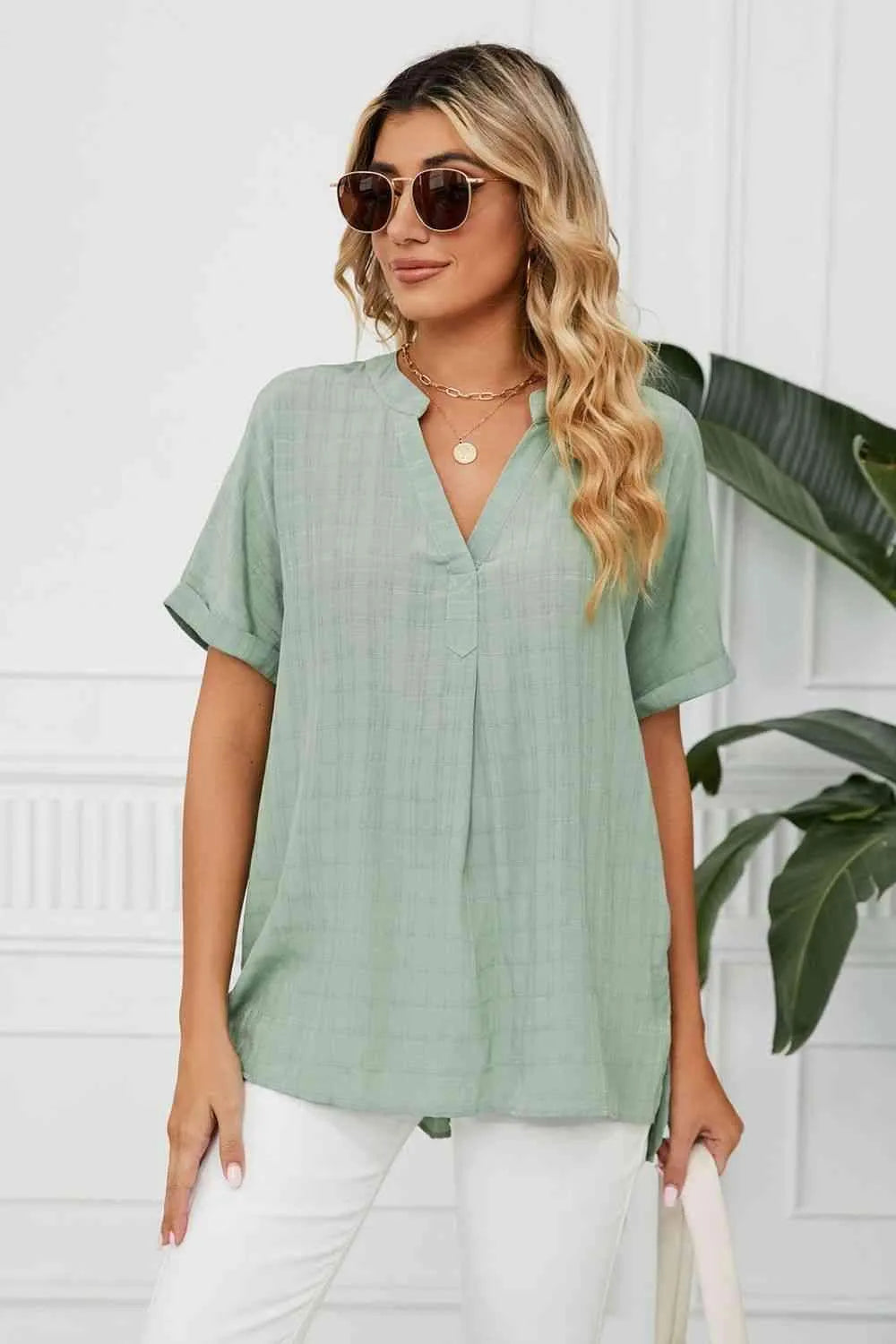 Side Slit Notched Neck Cuffed Short Sleeve Blouse Mint Blouses - Tophatter Daily Deals