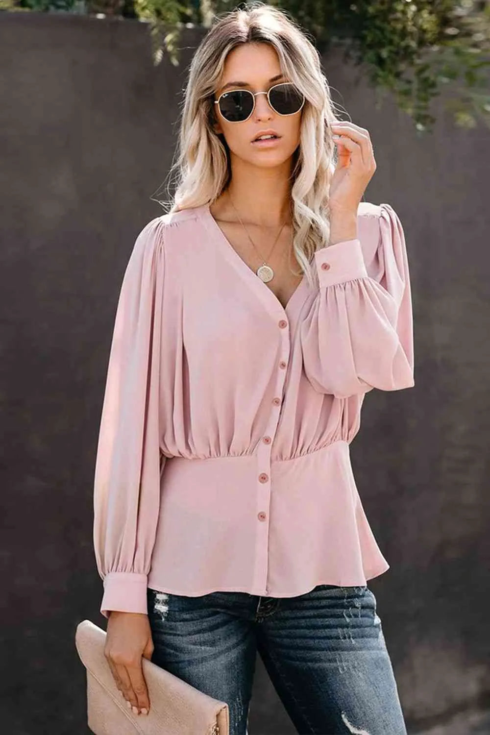 Buttoned Puff Sleeve Blouse Blush Pink Blouses - Tophatter Daily Deals