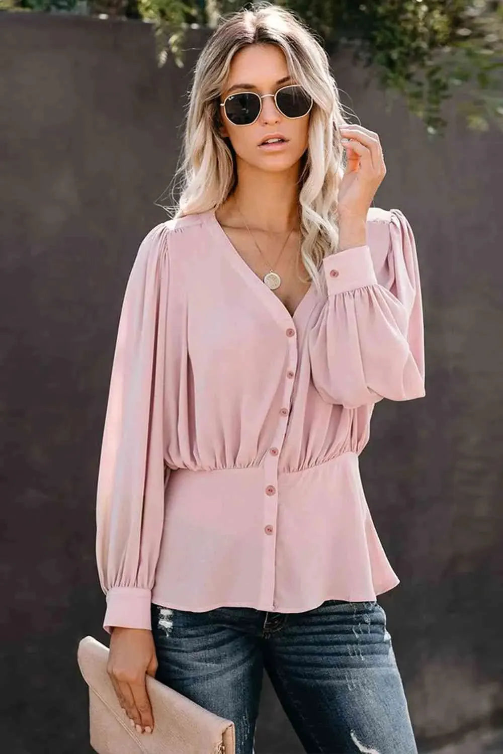 Buttoned Puff Sleeve Blouse Blush Pink Blouses - Tophatter Daily Deals
