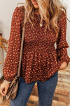 Floral Smocked Ruffle Hem Long Sleeve Blouse Brick Red Blouses - Tophatter Daily Deals