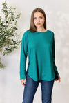 Zenana Round Neck Long Sleeve Slit Top Light Teal Blouses - Tophatter Daily Deals