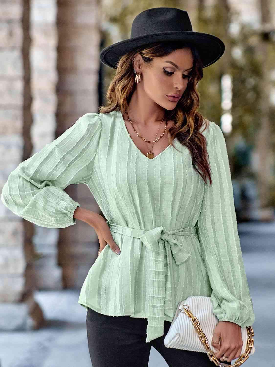 V-Neck Tie Waist Long Sleeve Blouse Blouses - Tophatter Daily Deals