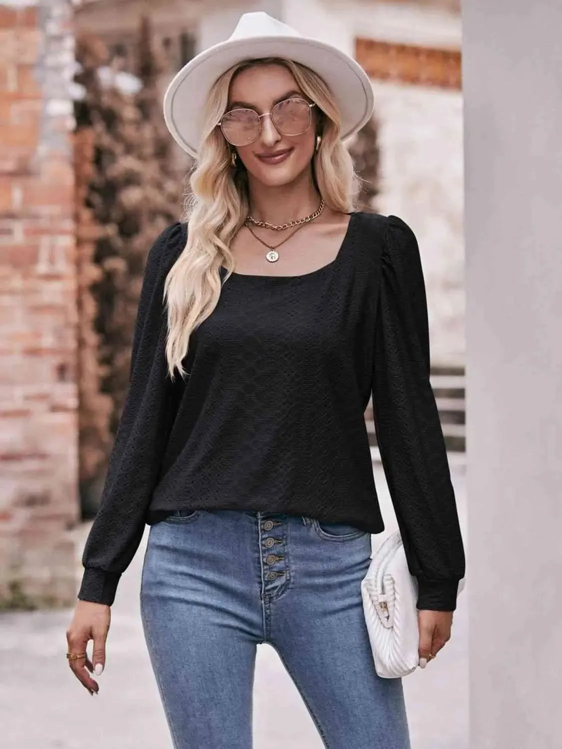 Double Take Eyelet Square Neck Puff Sleeve Blouse Black Blouses - Tophatter Daily Deals