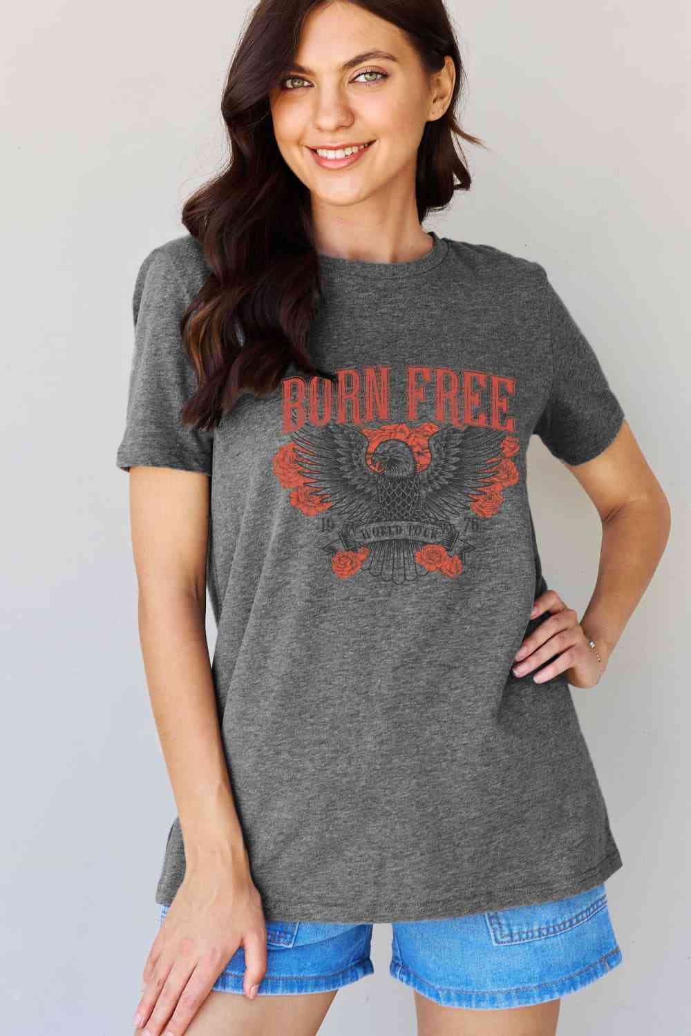 Simply Love Full Size BORN FREE 1976 WORLD TOUR Graphic Cotton T-Shirt Women's T-Shirts - Tophatter Daily Deals