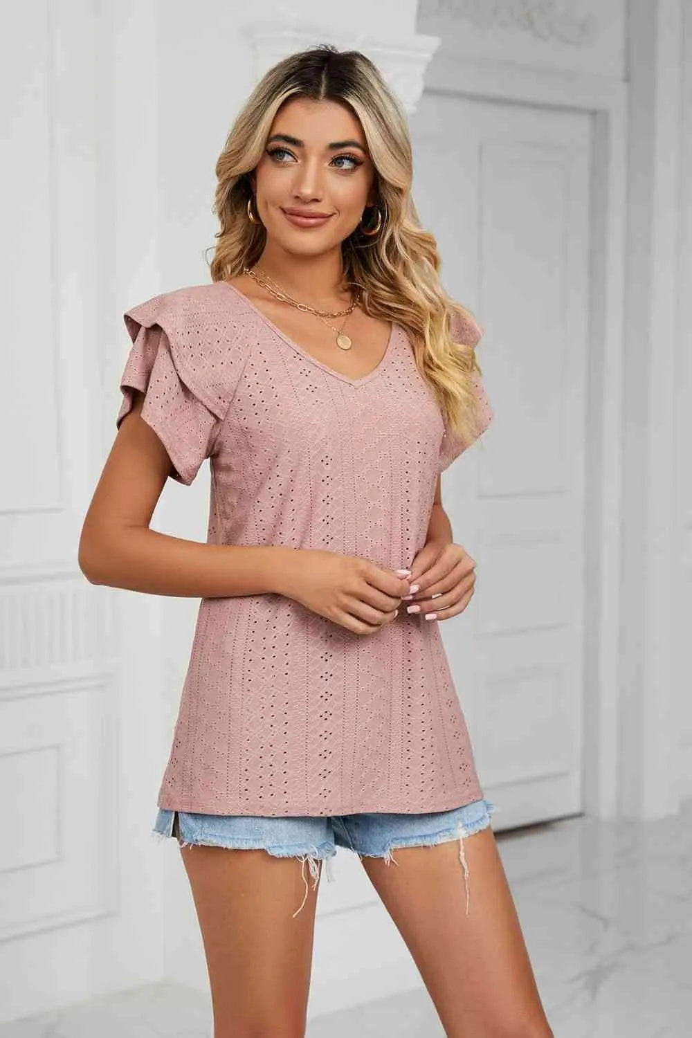 Eyelet Layered Flutter Sleeve V-Neck Knit Top Blouses - Tophatter Daily Deals