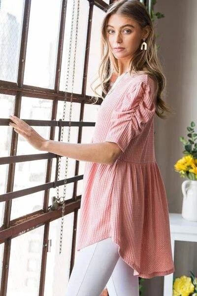 Heimish Full Size Waffle Knit V-Neck Babydoll Top Blouses - Tophatter Daily Deals