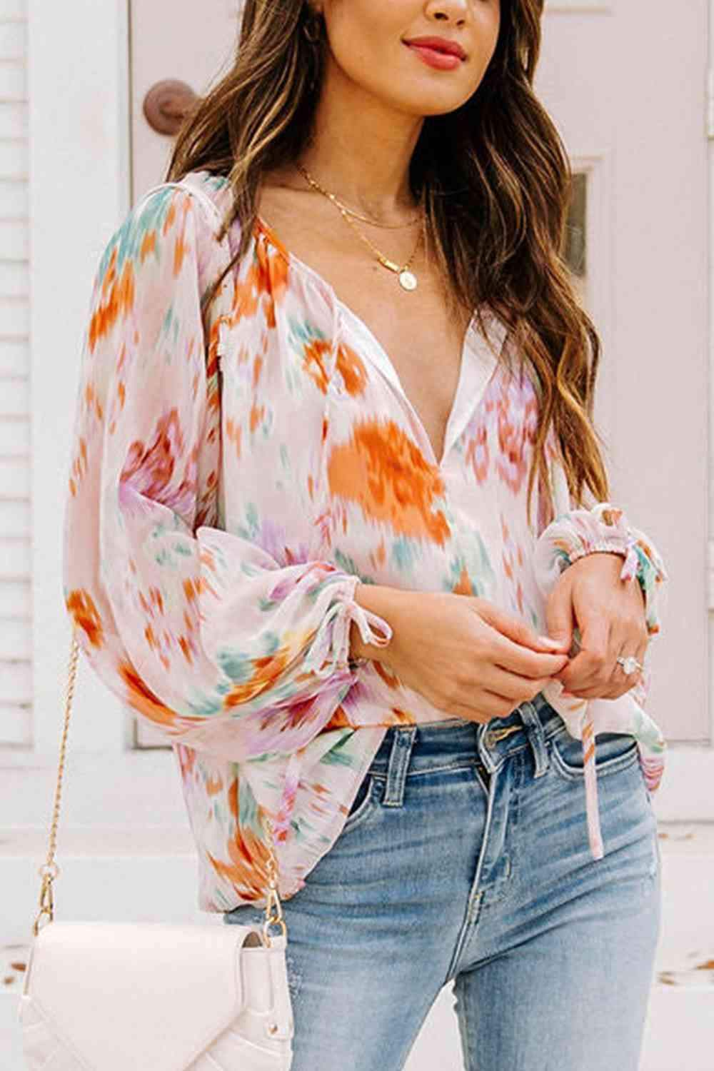 Printed Tie Neck Long Sleeve Blouse Blouses - Tophatter Daily Deals