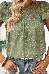 Printed Round Neck Puff Sleeve Blouse Blouses - Tophatter Daily Deals