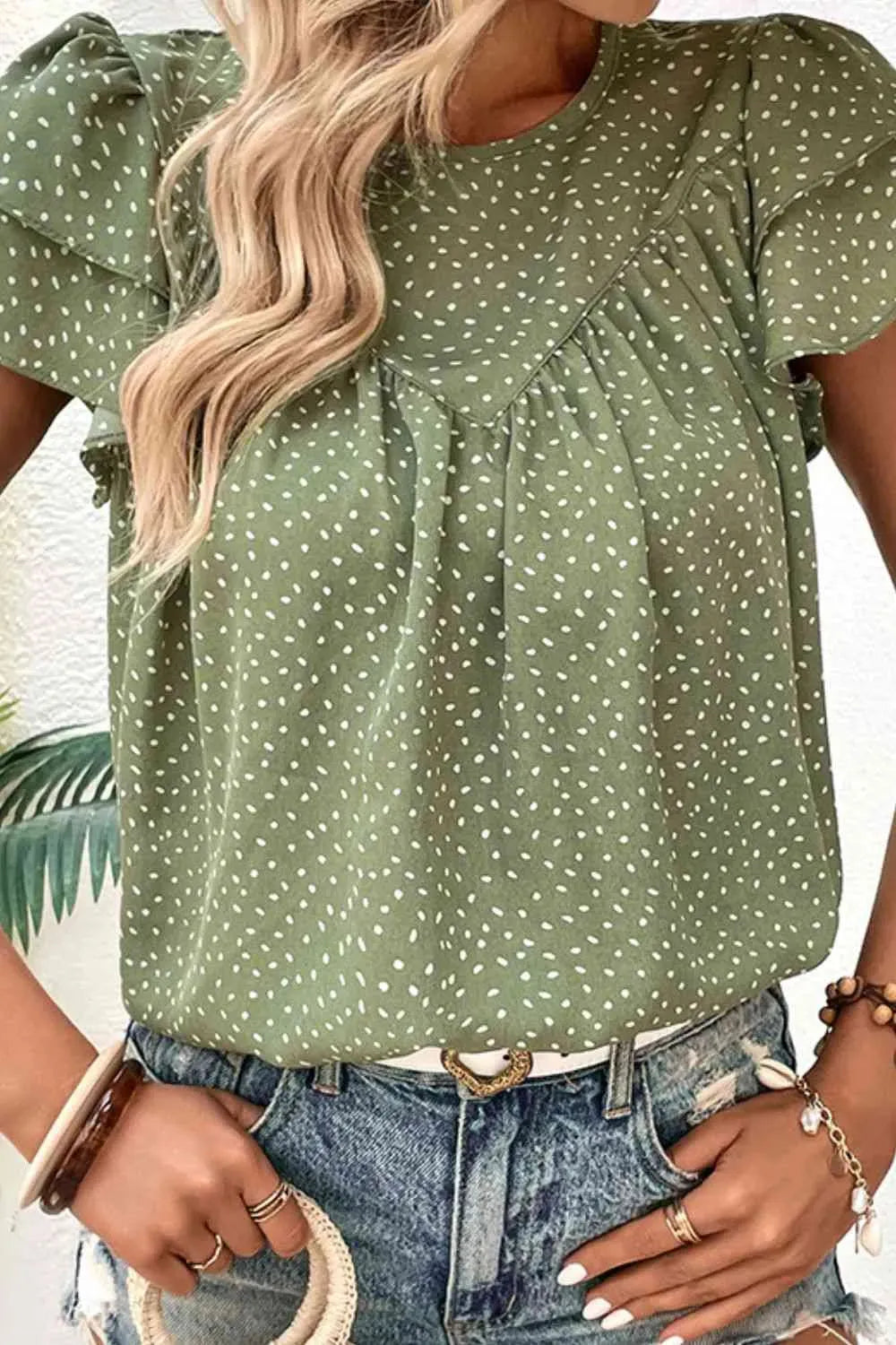 Printed Round Neck Puff Sleeve Blouse Blouses - Tophatter Daily Deals