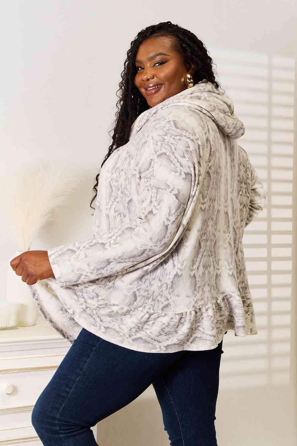 Jade By Jane Full Size Snakeskin Print Ruffle Hem Hoodie Blouses - Tophatter Daily Deals