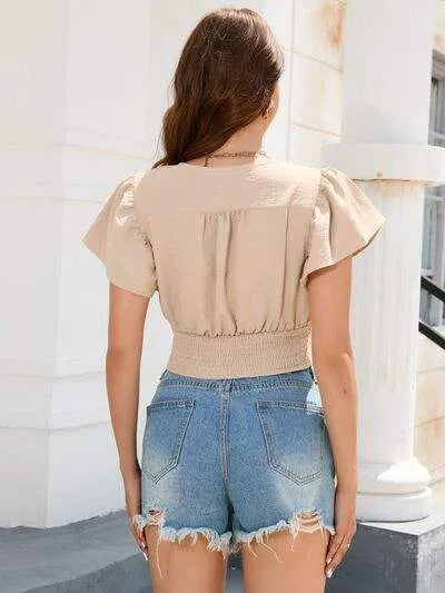Smocked Ruffled Surplice Cap Sleeve T-Shirt Women's T-Shirts - Tophatter Daily Deals