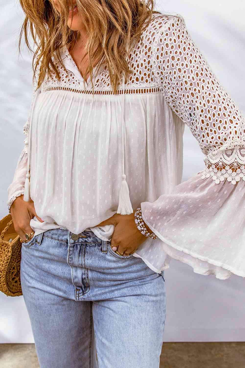 Eyelet Tassel Tie Flare Sleeve Blouse Blouses - Tophatter Daily Deals