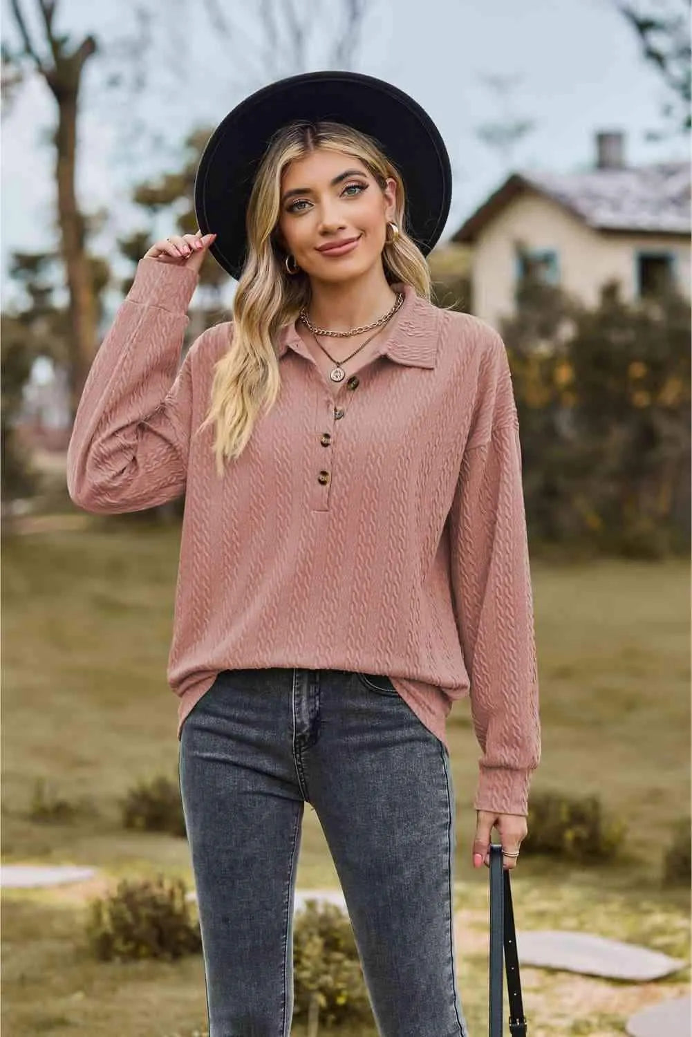 Collared Neck Long Sleeve Blouse Dusty Pink Blouses - Tophatter Daily Deals