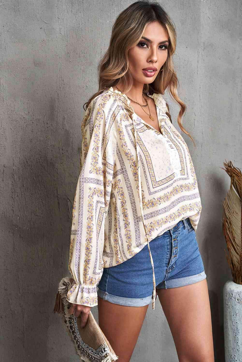 Printed Flounce Sleeve Ruffled Neck Blouse Blouses - Tophatter Daily Deals