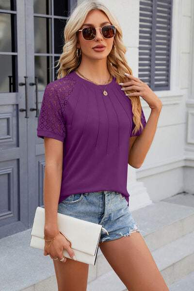 Openwork Round Neck Short Sleeve T-Shirt Women's T-Shirts - Tophatter Daily Deals