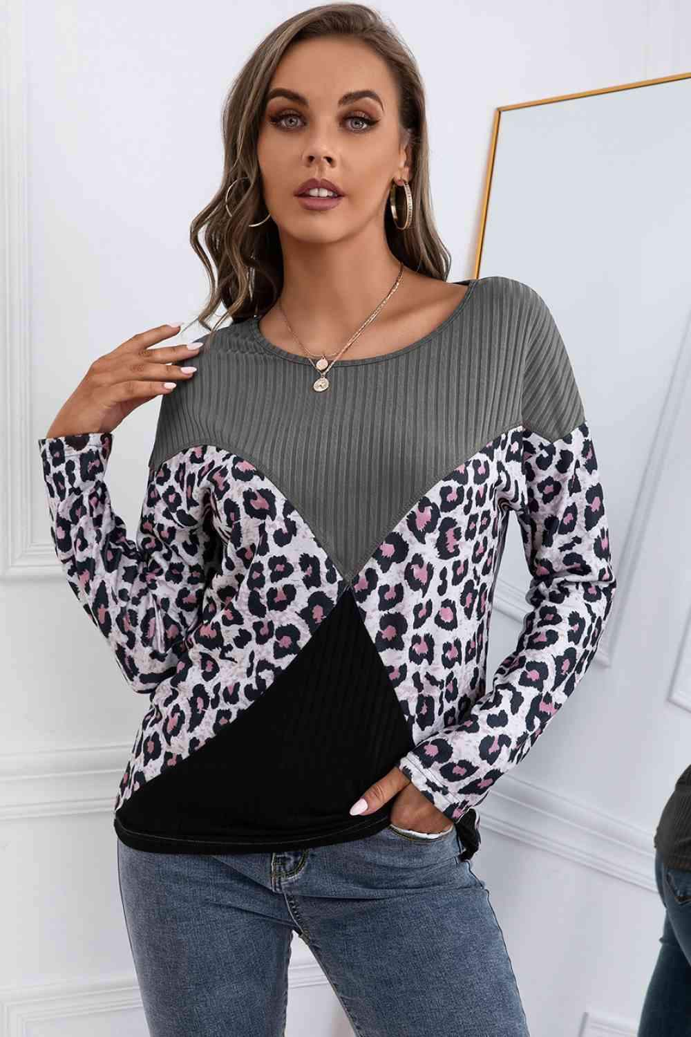 Leopard Patch Color Block Ribbed Top Dark Gray Blouses - Tophatter Daily Deals