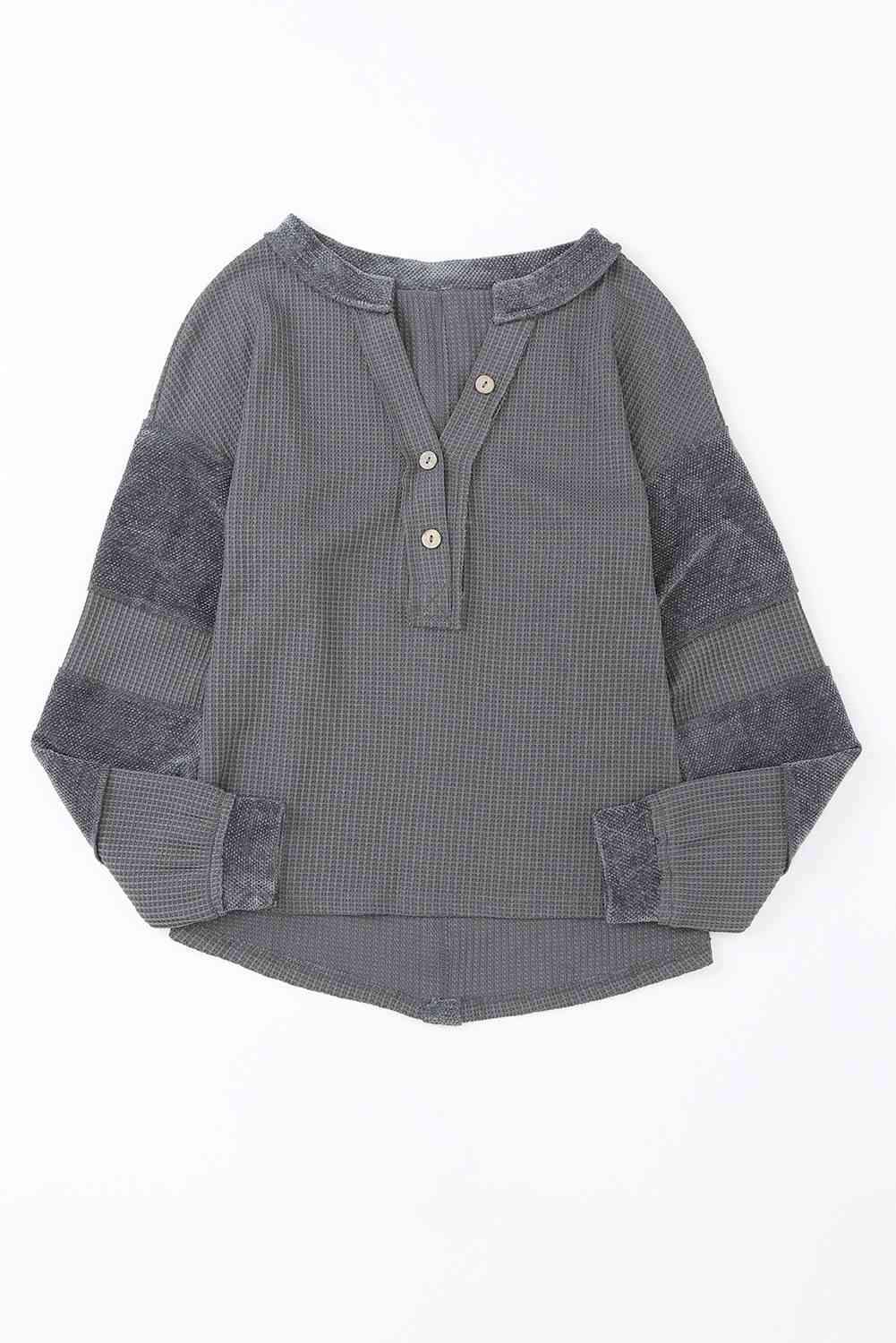 Notched Neck Waffle-Knit Blouse Charcoal Blouses - Tophatter Daily Deals