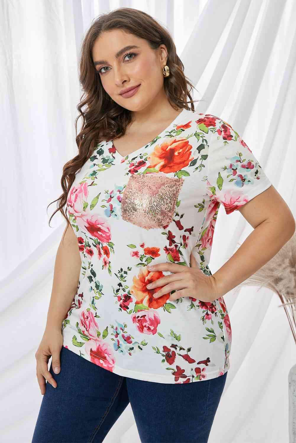 Plus Size Floral Print Sequin Pocket Tee Women's T-Shirts - Tophatter Daily Deals