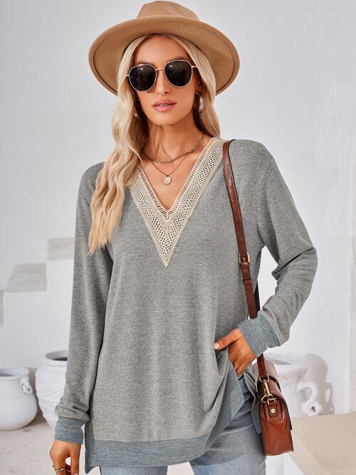 Crochet Contrast V-Neck Long Sleeve Slit T-Shirt Women's T-Shirts - Tophatter Daily Deals