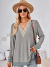 Crochet Contrast V-Neck Long Sleeve Slit T-Shirt Women's T-Shirts - Tophatter Daily Deals