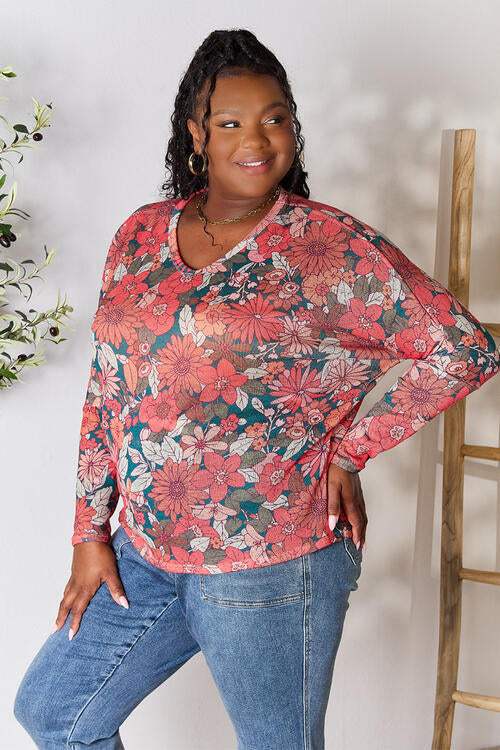 Hopely Full Size Floral Print V-Neck Long Sleeve Blouse Blouses - Tophatter Daily Deals