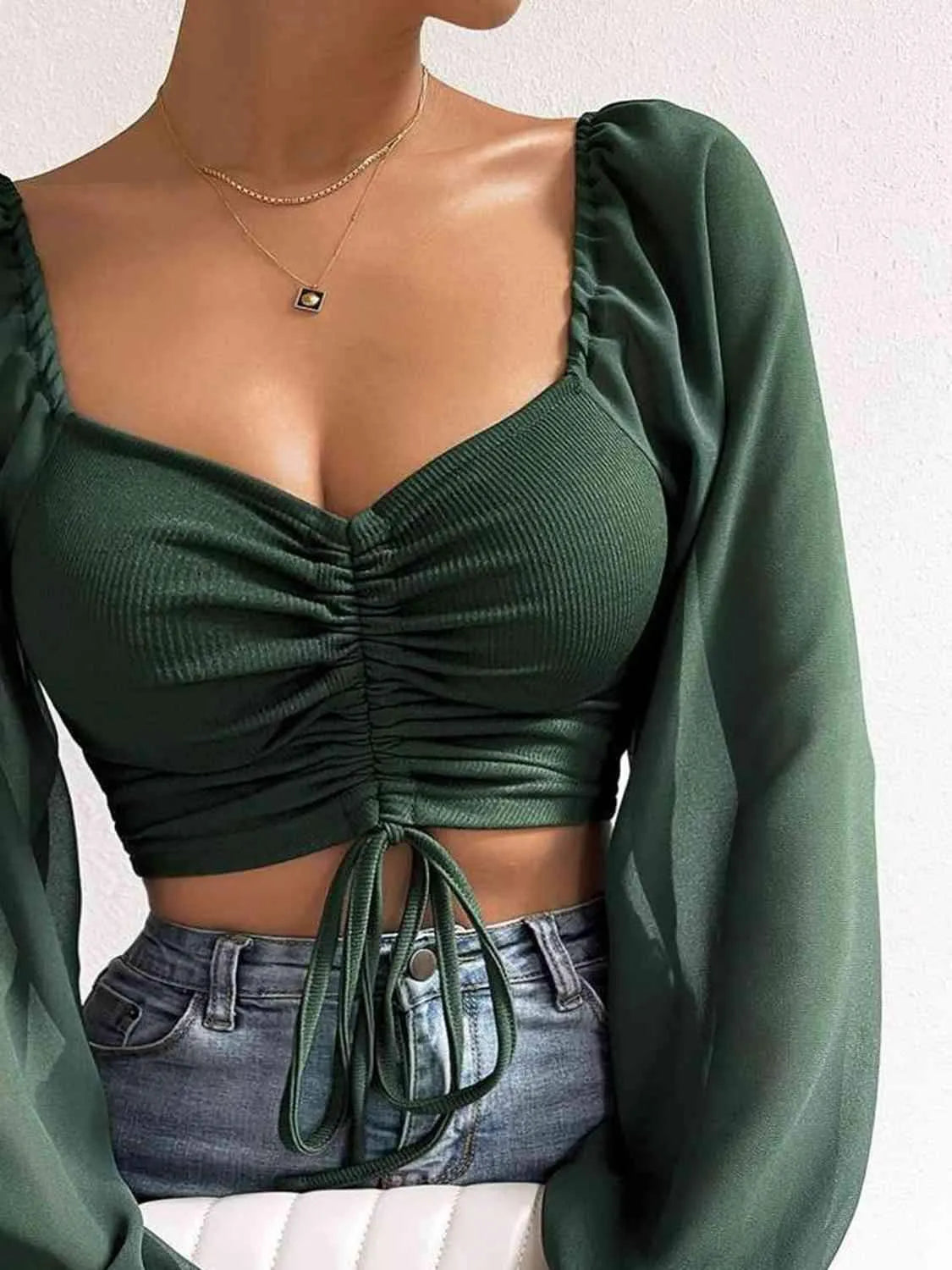 Drawstring Sweetheart Neck Cropped Top Blouses - Tophatter Daily Deals