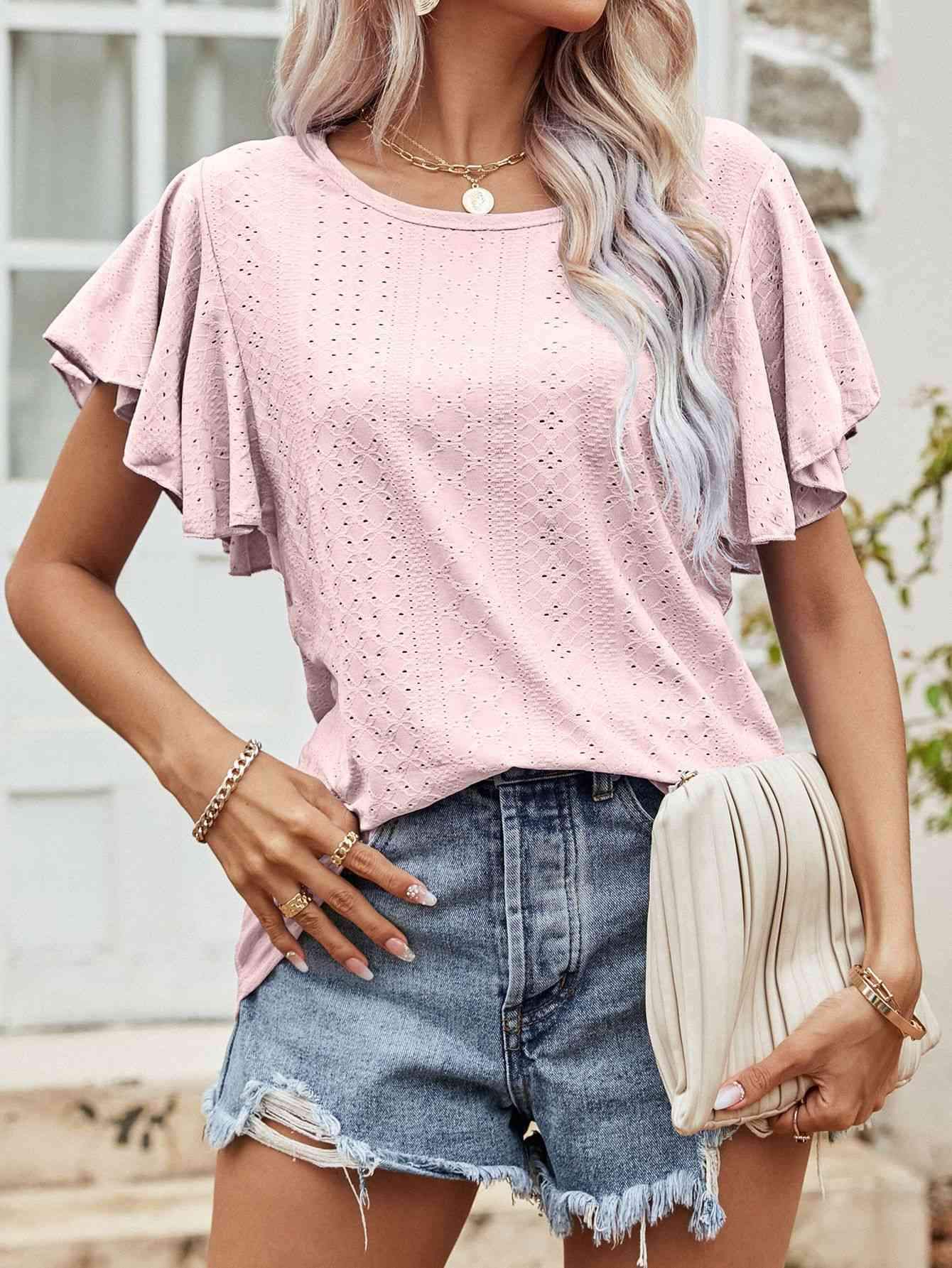 Round Neck Flutter Sleeve Blouse Blouses - Tophatter Daily Deals