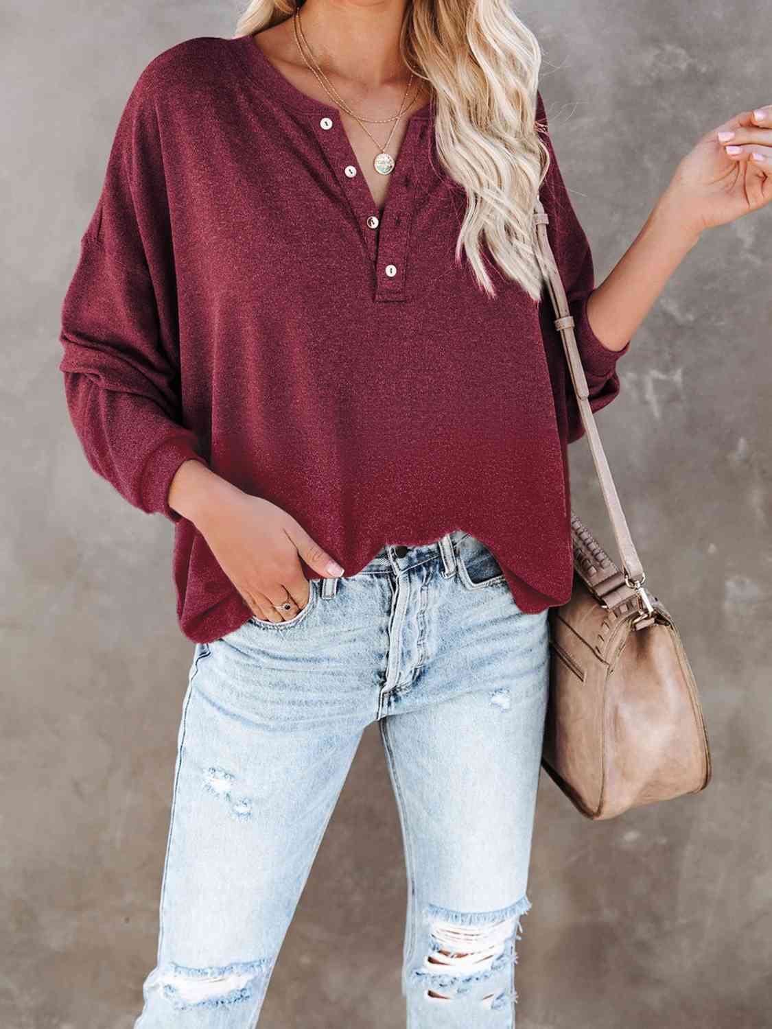 Buttoned Drop Shoulder Top Women's T-Shirts - Tophatter Daily Deals