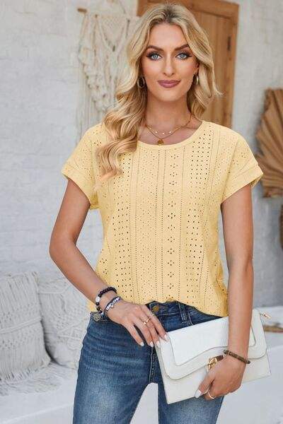 Eyelet Round Neck Rolled Short Sleeve T-Shirt Pastel Yellow Women's T-Shirts - Tophatter Daily Deals