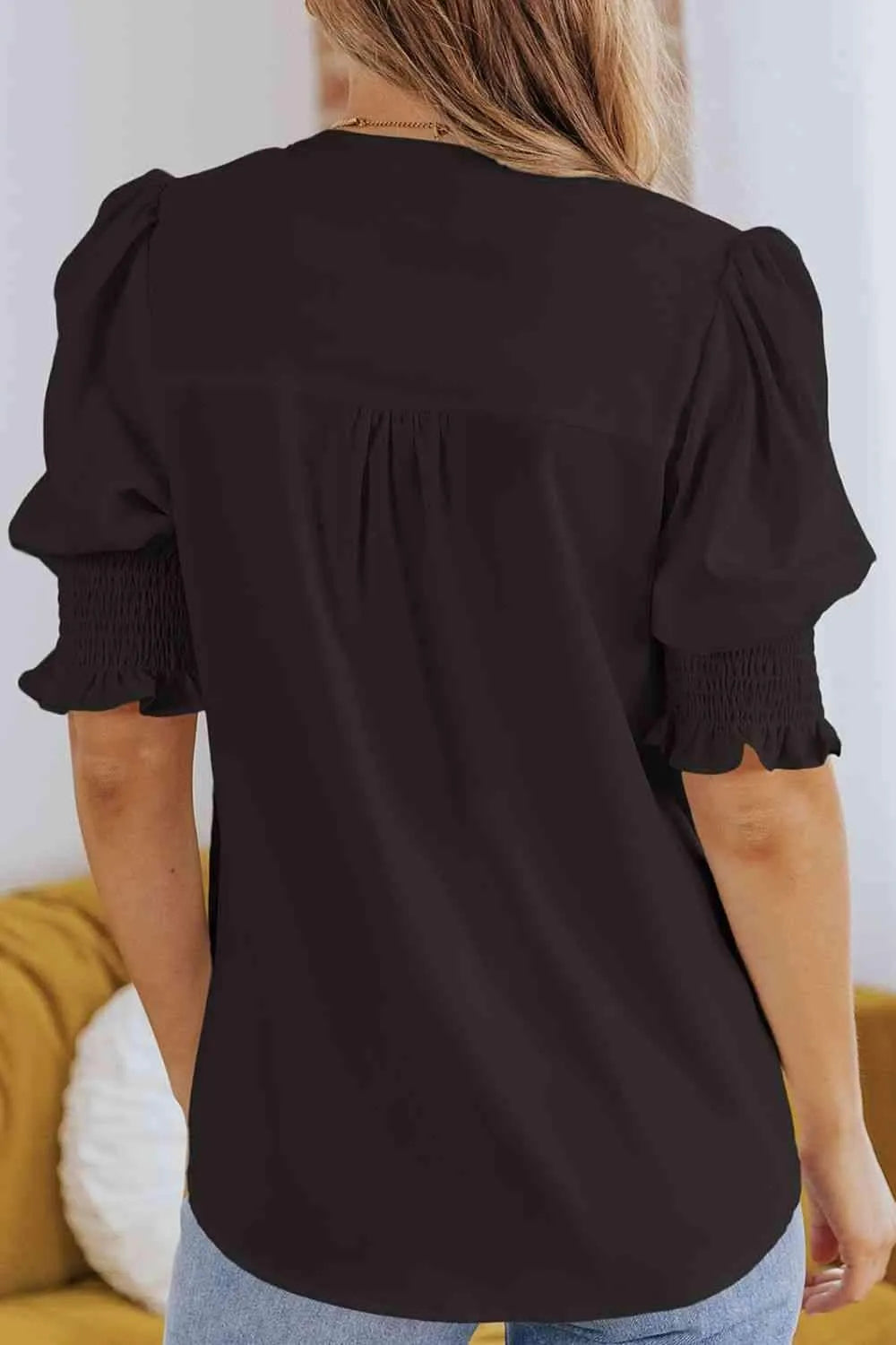 Smocked Flounce Sleeve Notched Neck Blouse Blouses - Tophatter Daily Deals