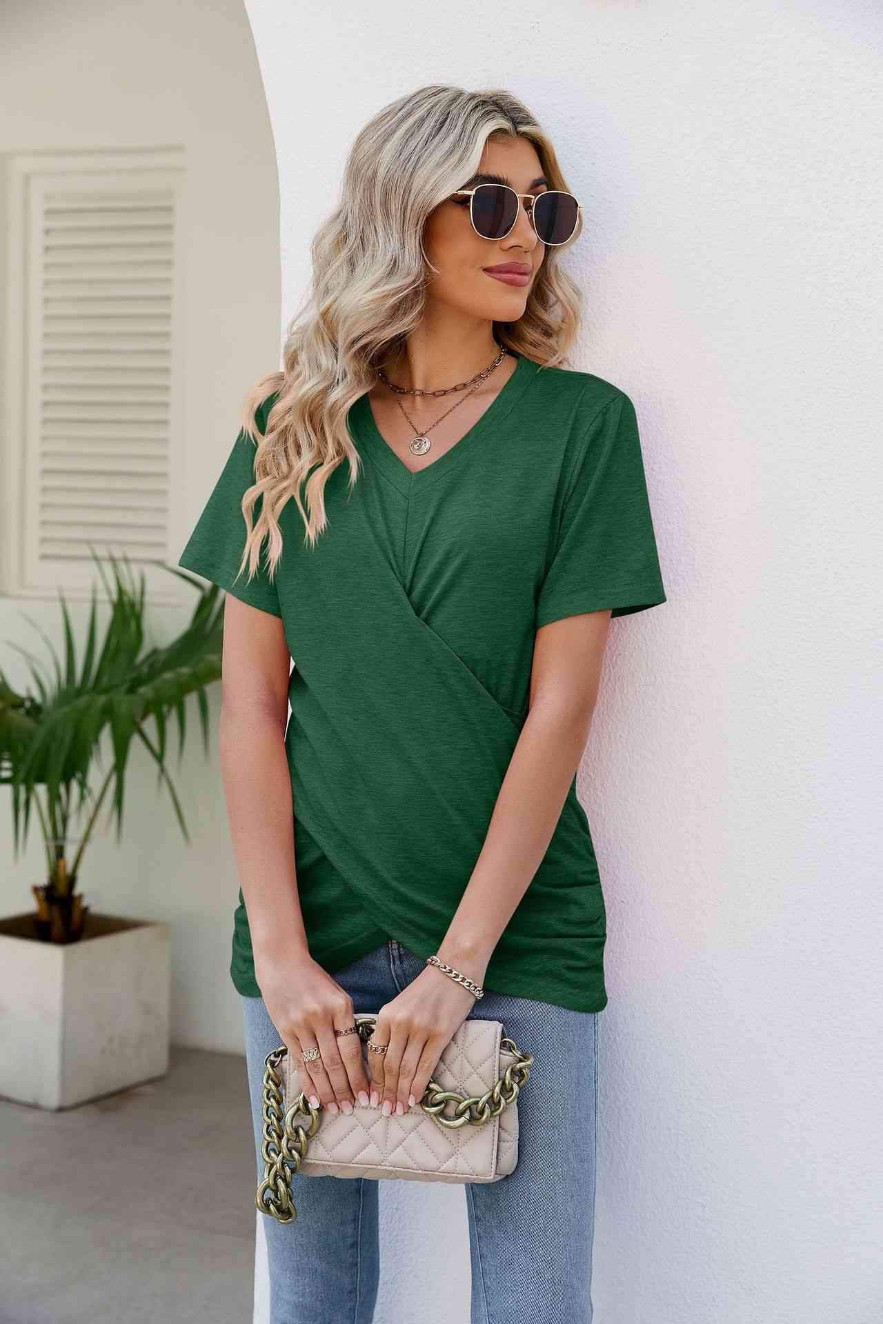 V-Neck Crisscross Short Sleeve Tee Women's T-Shirts - Tophatter Daily Deals