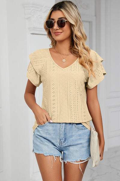 Eyelet V-Neck Short Sleeve T-Shirt Women's T-Shirts - Tophatter Daily Deals