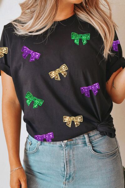 Bow Print Sequin Round Neck Short Sleeve T-Shirt Women's T-Shirts - Tophatter Daily Deals