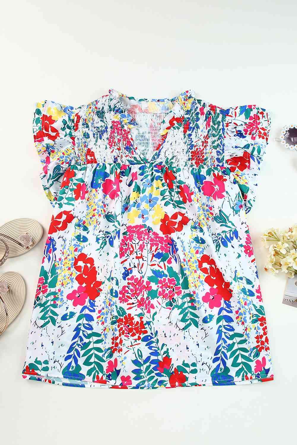 Plus Size Floral Smocked Flutter Sleeve Blouse Blouses - Tophatter Daily Deals