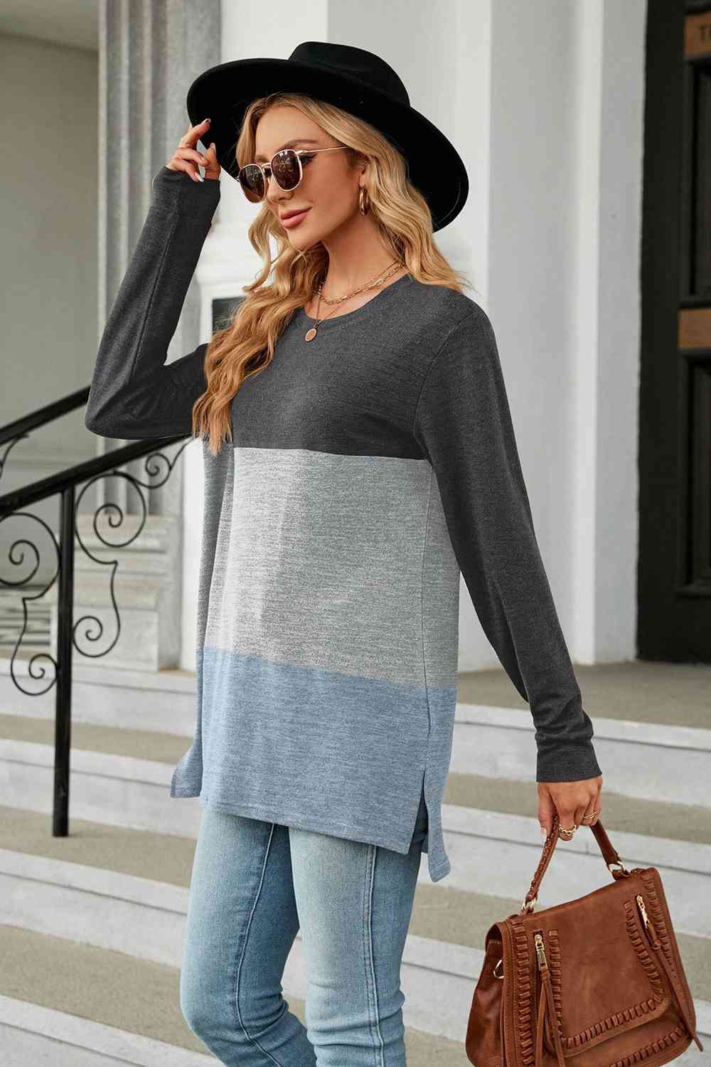 Color Block Round Neck Long Sleeve Slit T-Shirt Women's T-Shirts - Tophatter Daily Deals