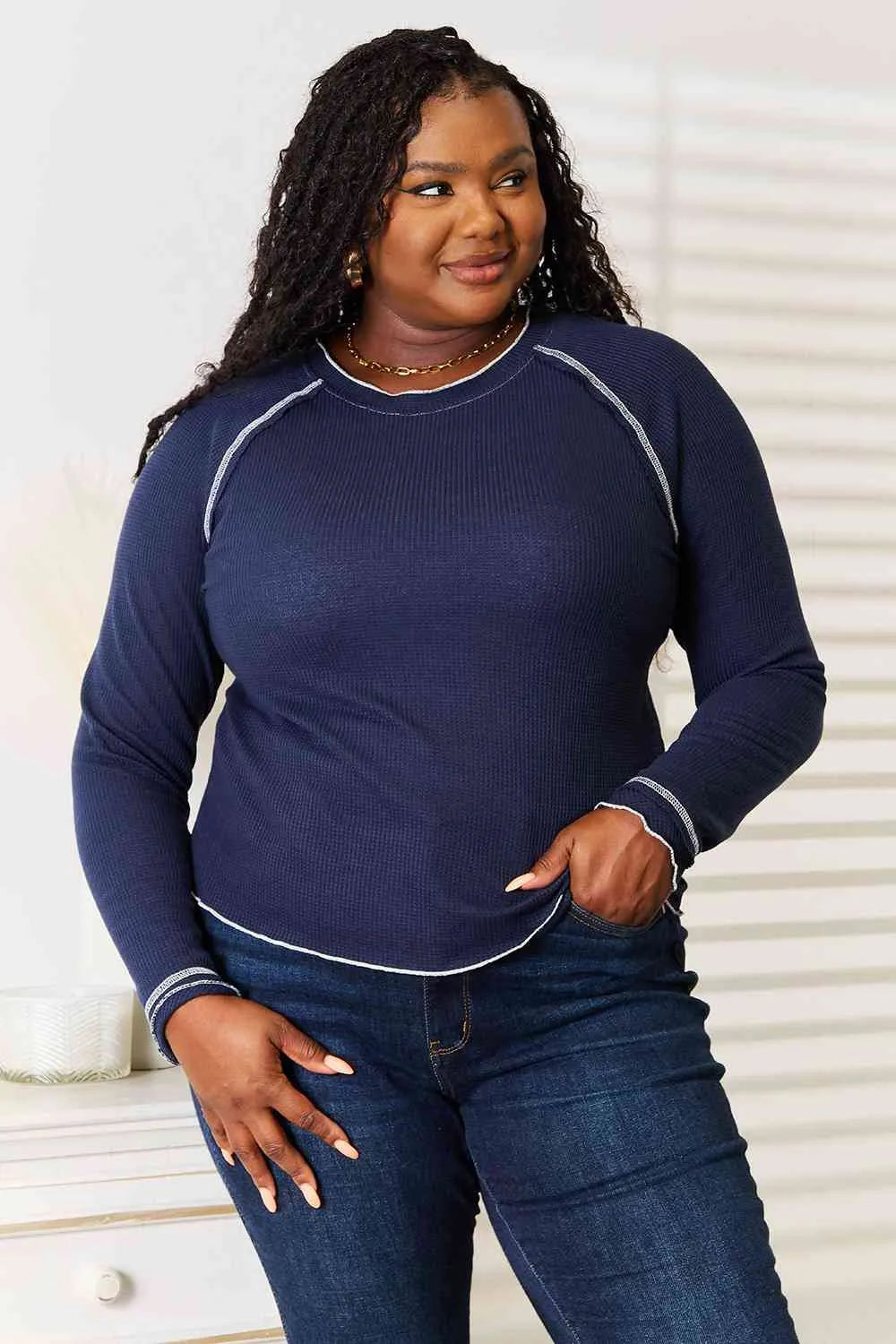 Basic Bae Long Raglan Sleeve Round Neck Top Navy Blouses - Tophatter Daily Deals