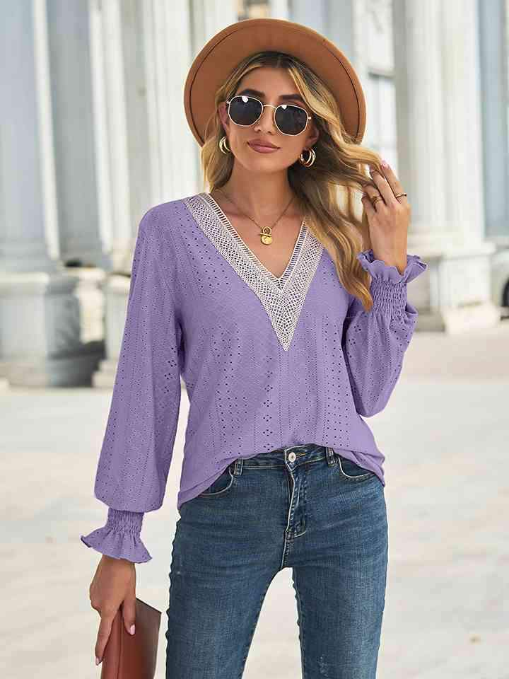 V-Neck Eyelet Flounce Sleeve Blouse Periwinkle Blouses - Tophatter Daily Deals