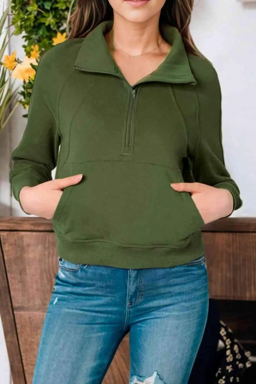 Zip-Up Collared Neck Raglan Sleeve Sweatshirt Blouses - Tophatter Daily Deals