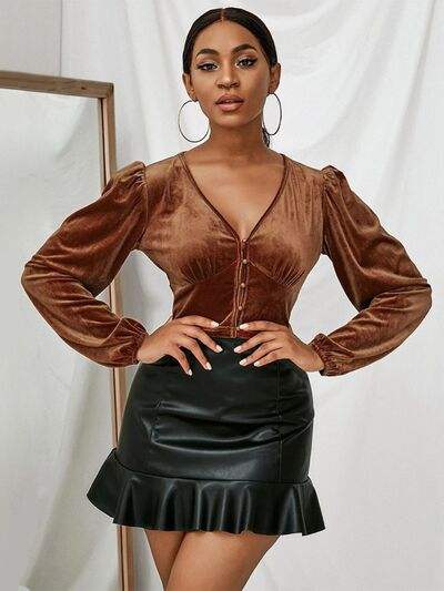 V-Neck Puff Sleeve Cropped Top Chestnut Women's T-Shirts - Tophatter Daily Deals