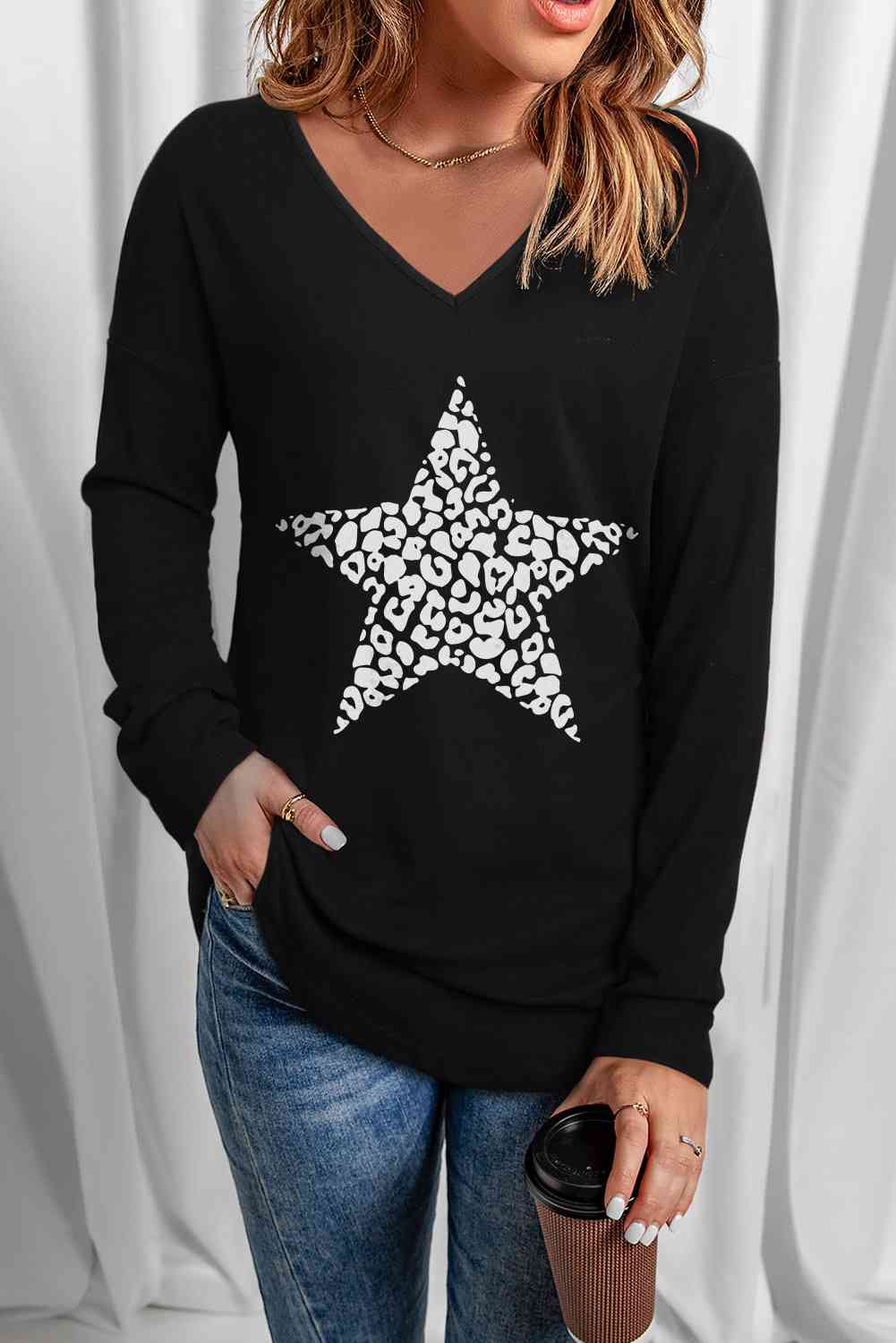 Leopard Star Graphic V-Neck Top Women's T-Shirts - Tophatter Daily Deals