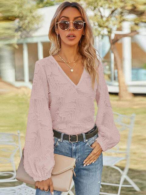 V-Neck Long Sleeve Blouse Blouses - Tophatter Daily Deals