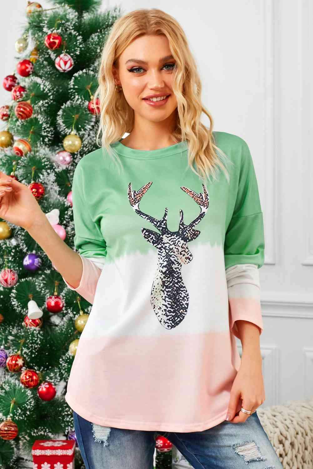 Reindeer Graphic Color Block Long Sleeve T-Shirt Gum Leaf Women's T-Shirts - Tophatter Daily Deals